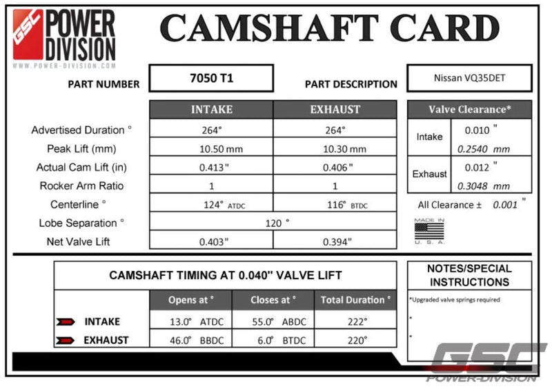 GSC P-D Nissan VQ35DE Gen 1 T1 Camshafts 264/264 Billet (7050T1)