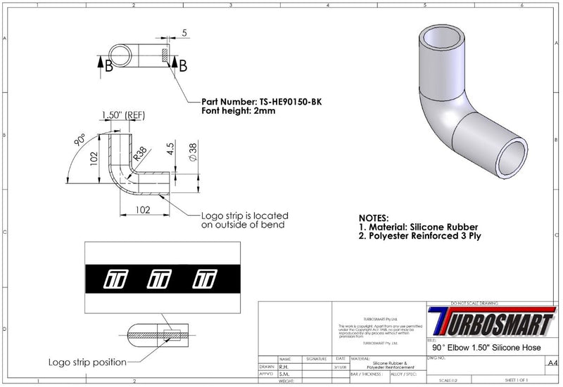 Turbosmart 90 Elbow 1.50 - Blue Silicone Hose (TS-HE90150-BE)