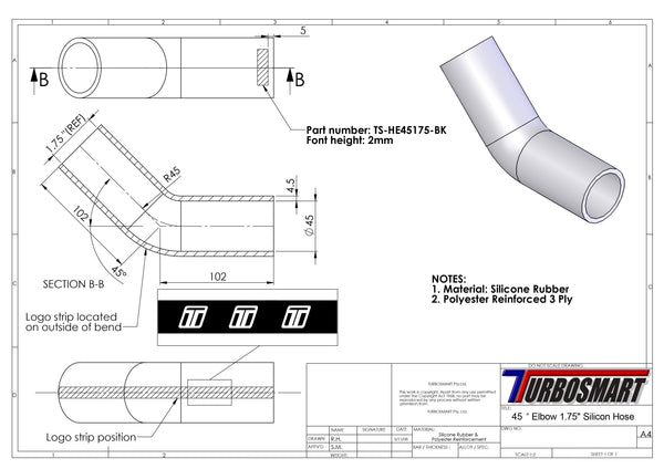 Turbosmart 45 Codo 1.75 - Manguera de silicona negra (TS-HE45175-BK)