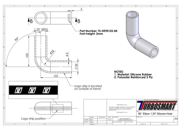 Turbosmart 90 Codo 1.25 - Manguera de silicona negra (TS-HE90125-BK)