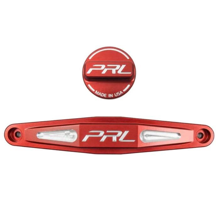 PRL Motorsports Billet Battery Tie Down Honda Battery Group Size: 51R & Oil Cap Combo - V2 (PRL-HC10-DRESS-KIT-V2-RED)