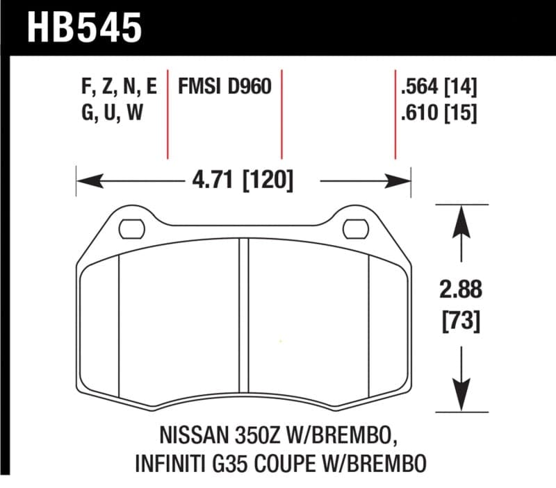 Hawk 03-04 Infiniti G35 / 04-09 Nissan 350z con frenos Brembo DTC-70 Race Pastillas de freno delantero (HB545U.564)